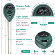 3-in-1 bodemvochtigheidsmeter, een handige oplossing voor tuinieren, gazononderhoud, tuinen, potplanten, binnen- en buitengebruik, en boerderijen.