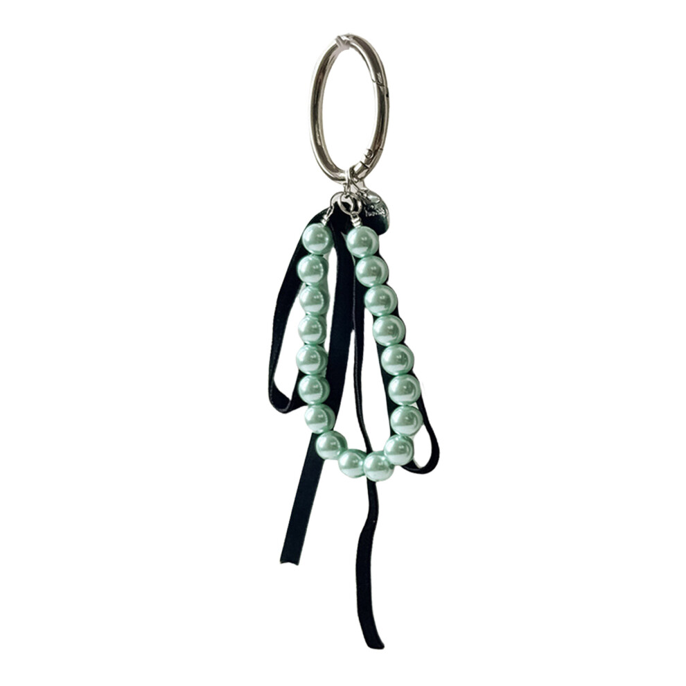Ribbon Bowknot Pearls Keychain Ornament Backpack Handbag- Green 7732000778919