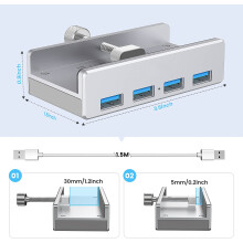 4-poorts USB 3.0-hub met verstelbare bureauklem, hot-swappable multi-USB-poortuitbreiding voor desktop, pc, tafelrand, ruimtebesparend ontwerp met