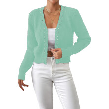Cardigan til kvinder, åben front cropped striktop med perlebesætning, langærmet let jakke med V-hals, sænket skulderdesign, blød
