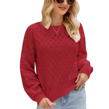 Damtröja med rund halsringning, virkad spets och långärmad design, urholkad kabelstickad pullover med lätt, andningsbart tyg, avslappnad,