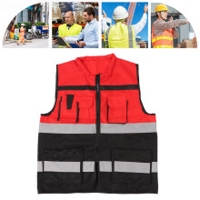 Rote und schwarze reflektierende Sicherheitsweste mit mehreren Taschen für Bauarbeiten und berufliche Anwendungen