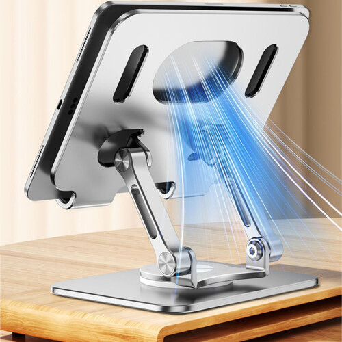 Supporto rotante in alluminio per tablet con base pieghevole e supporto per telefono