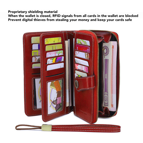 Large Capacity RFID Blocking Leather Wallet with Removable Wrist Strap, Wine Red 2