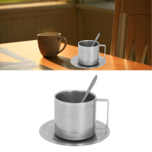 Set di tazze da caffè in acciaio inossidabile 304 a doppio strato isolato da 280 ml con piattino e cucchiaio