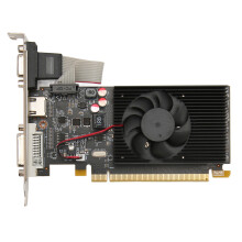 PCIe 1.1 grafische kaart, snel geheugen van 1 GB GDDR3 64-bit, volledige interface (VGA, DVI, HD), enkele koelventilator voor een stabiele