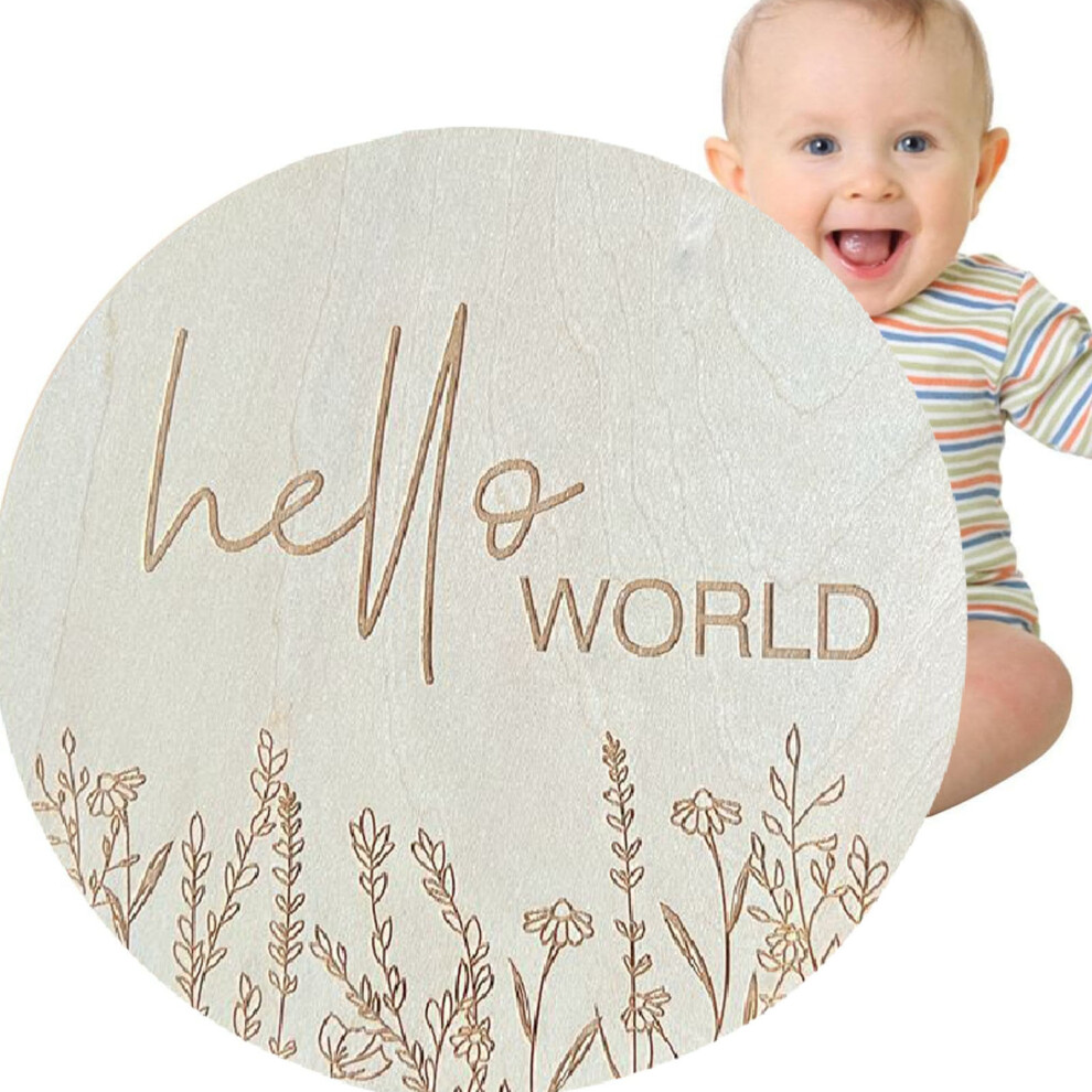 Round Baby Sign 5.9in Basswood Hello World Nursery Prop Baby Announcement