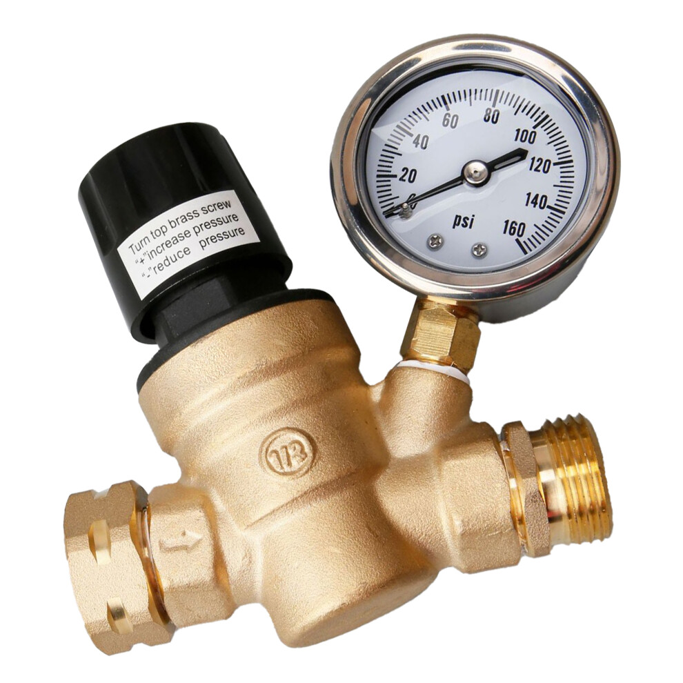Water Pressure Regulator Valve 3/4In Brass With Gauge For Rv Trailer 4631375406966