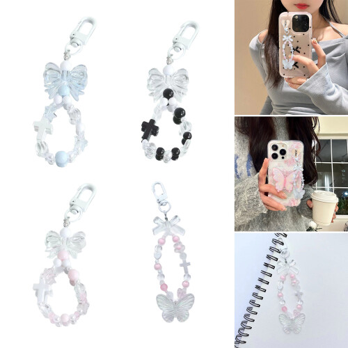 Porte-clés à breloques en perles croisées avec nœud-Rose 2