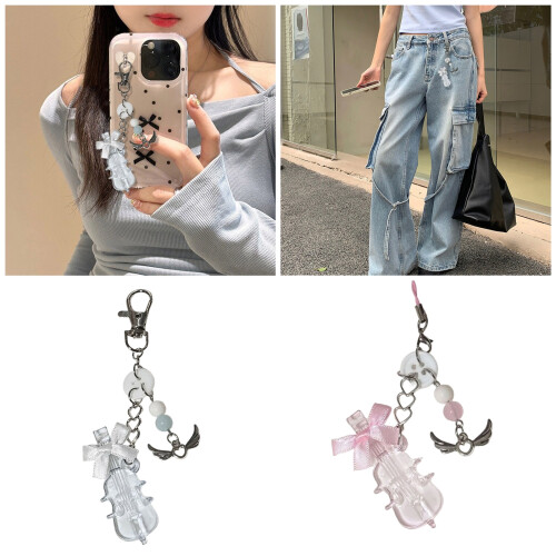 Porte-clés en perles avec nœud papillon en violoncelle,-Rose 2