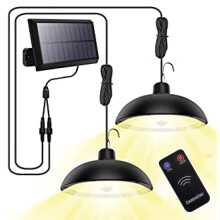 Luminárias solares pendentes para uso externo, com duas lâmpadas, design dividido e controle remoto para pátios, garagens e jardins (ajuste de