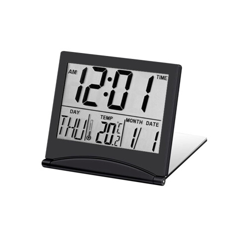Electronic Folding LCD Digital Alarm Clock Desktop Temperature Hygrometer Clock Weather Station Desk Table Clock Black