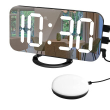 Digital Alarm Clock,Vibration Alarm Clock,with 2 USB Charging ,7-Inch LED Mirror Electronic Alarm Clock Black