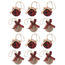 Kerstboomversieringen, 12 Stuks 2-1 / 2 Inch Rood Zwart Buffel Geruit Geruite Stiksels Jute Kerstversieringen