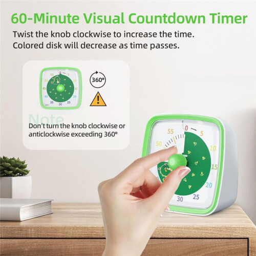 60-Minute Visual Timer with Night Light, Countdown Timer,Pomodoro Timer with Rainbow Pattern for Kids and Adults Green 1