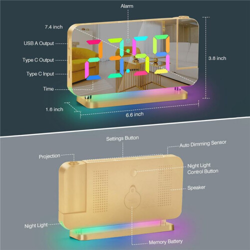 Projection Alarm Clock,7.4Inch LED Mirror Digital Clocks Large Display,+180Rotatable Projector,Night Light Gold 2