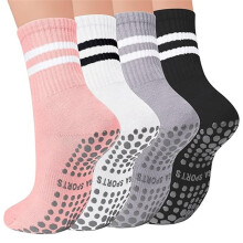 Pilates Socks for Women with Non-Slip Grips 84% Cotton Yoga Socks for Barre, Hospital & Barefoot 4 Pairs