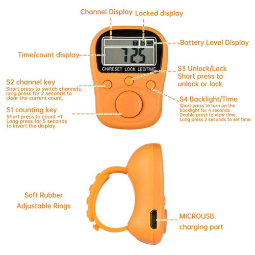 Adjustable Finger Ring Electronic Counter 7-Channel Backlit Function Counter with Locking Rechargeable Counter Yellow 2