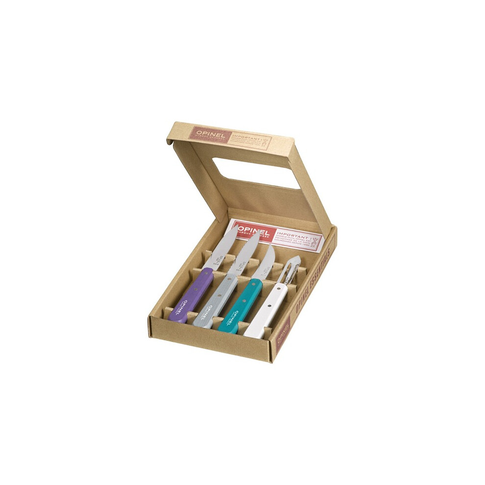 (Art Deco) OPINEL Les Essentials 4 piece kitchen knife and peeler gift set - Wood handles