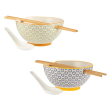 Soup & Rice Bowls w/ Chopsticks Holder Ceramic Spoons Bamboo Chopsticks 6pc Set