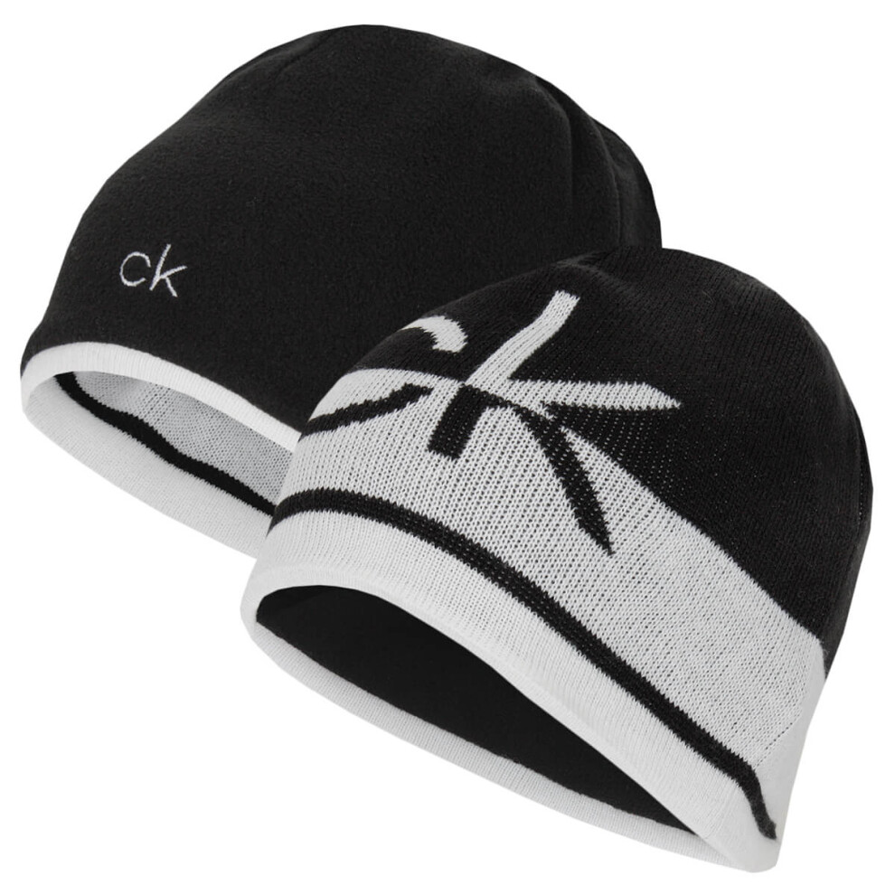 Calvin Klein (One Size, /White) Mens 2021 Ck Logo Reversible Striped Knit Beanie Hat Black