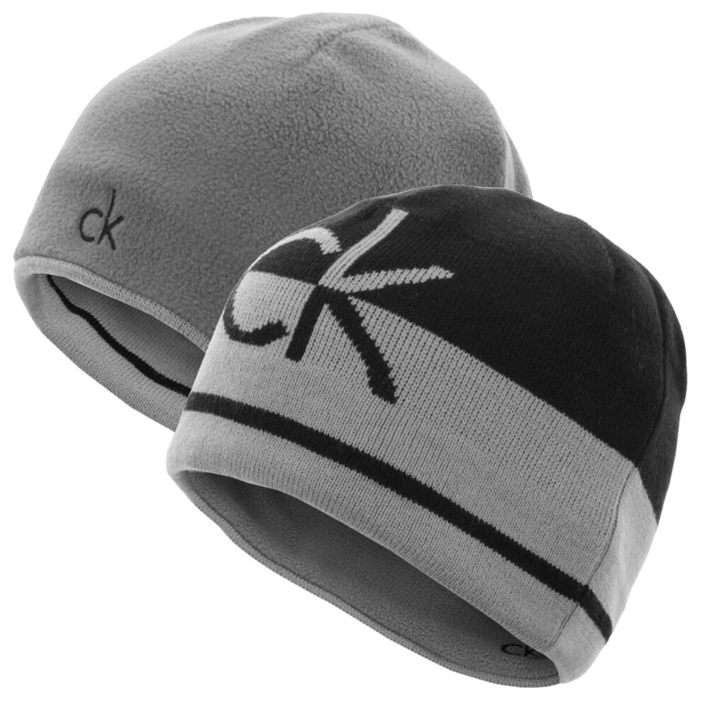 Calvin Klein (One Size, ) Mens 2021 Ck Logo Reversible Striped Knit Beanie Hat Black/Silver