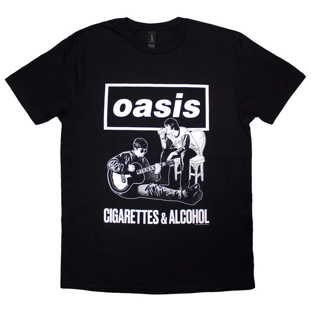 Oasis (, Large) T-Shirt: Cigarettes & Alcohol Illustration Mono (Black) Black