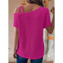 Damen Sommer Casual Off One Shoulder Waffelstrick Kurzarm T-Shirt Rose Rot M