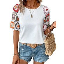 Crochet Short Sleeve Crew Neck Shirt White M
