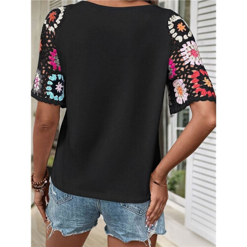 Häkel-Kurzarmshirt mit Rundhalsausschnitt, Schwarz, M 2