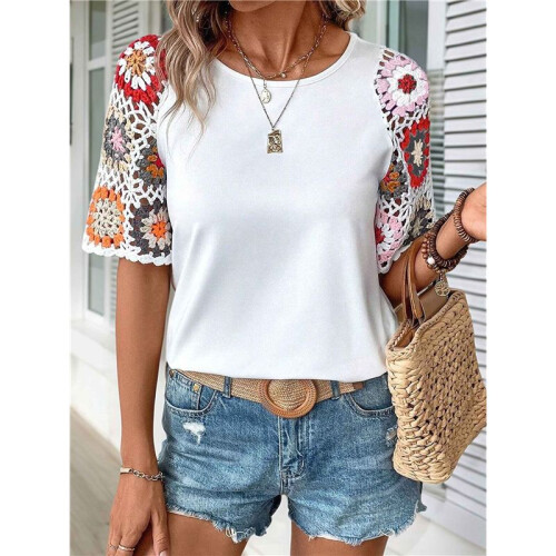 Crochet Short Sleeve Crew Neck Shirt White M 1