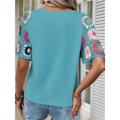 Häkel-Kurzarmshirt mit Rundhalsausschnitt, Pfauengrün, XL 1