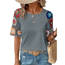 Haakshirt met Korte Mouwen en Ronde Hals, Grijsblauw S