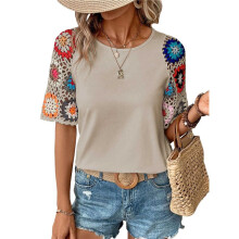 Crochet Short Sleeve Crew Neck Shirt Creamy White S