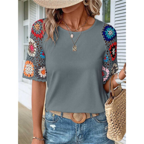 Crochet Short Sleeve Crew Neck Shirt Gray- S 1