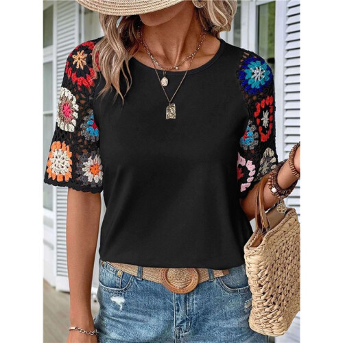 Crochet Short Sleeve Crew Neck Shirt Black M 1