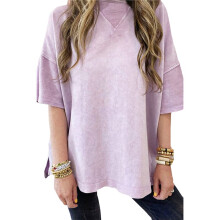 Zomer Oversized Zijsplitten Casual Korte Mouw Basic T-Shirts Lichtpaars M