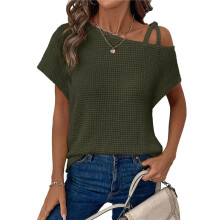 Dames Zomer Casual Off-Shoulder Wafel Gebreide Korte Mouwen T-Shirts Legergroen XXL