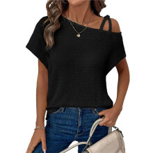 Dames Zomer Casual Off One Shoulder Waffle Knit Korte Mouwen T-Shirts Zwart XXL