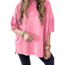 Zomer Oversized Zijsplitten Casual Korte Mouw Basic T-Shirts Roze XXL