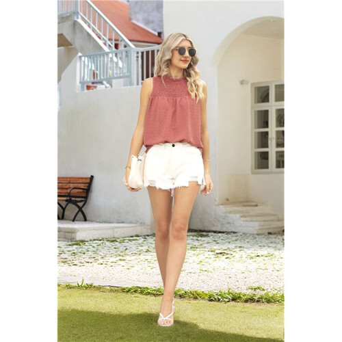 Womens Ruffle Neck Sleeveless Tank Tops  M 1