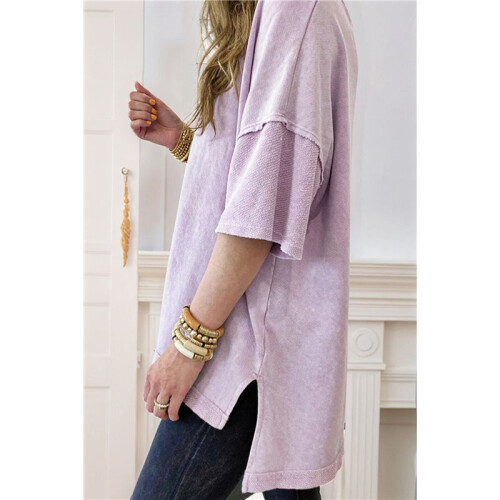 Summer Oversized Side Slits Casual Short Sleeve Basic Tees Light  S 1