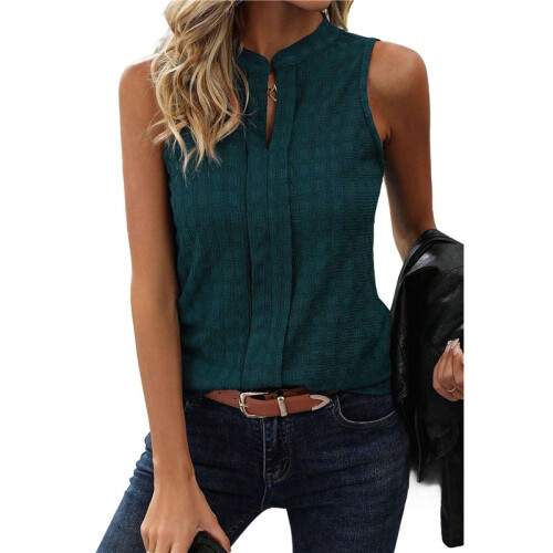 Women'S Solid Color V-Neck Sleeveless Top Dark Green M