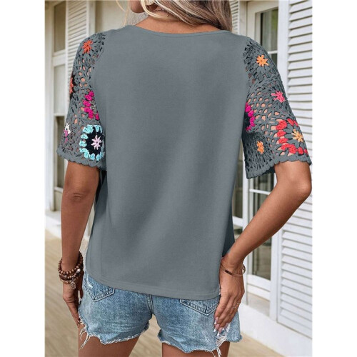 Häkel-Kurzarmshirt mit Rundhalsausschnitt Grau-Blau L 1