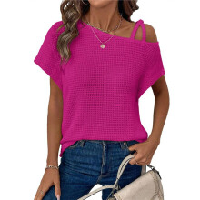 Dames Zomer Casual Off-Shoulder Wafel Gebreide Korte Mouwen T-Shirts Rozerood S