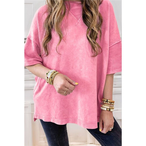 Zomer Oversized Zijsplitten Casual Korte Mouw Basic T-Shirts Roze S 1