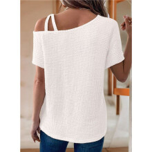 Damen Sommer Casual Off One Shoulder Waffelstrick Kurzarm T-Shirts Weiß S