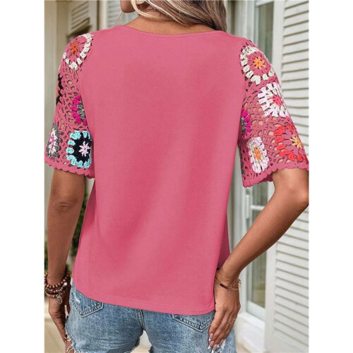Häkel-Kurzarmshirt mit Rundhalsausschnitt, Rosarot, M 2