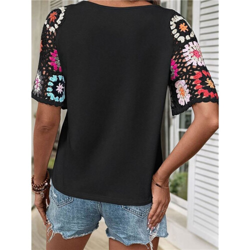 Crochet Short Sleeve Crew Neck Shirt Black S 2
