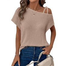 Dames Zomer Casual Off One Shoulder Waffle Knit Korte Mouwen T-Shirts Kaki XXL